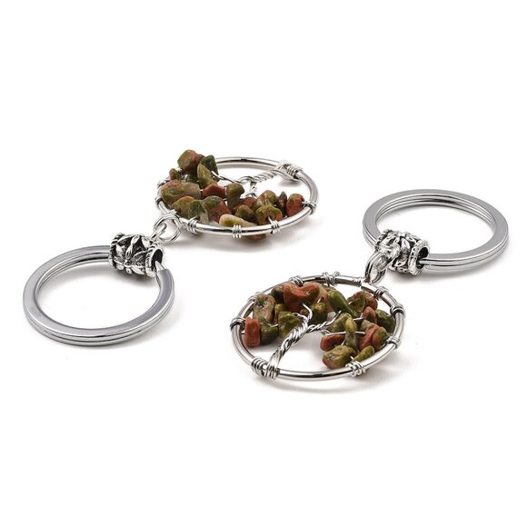 NWOT Natural Unakite Handmade Wire wrap tree of Life KeyChain Holder or Pendant - Picture 2 of 2